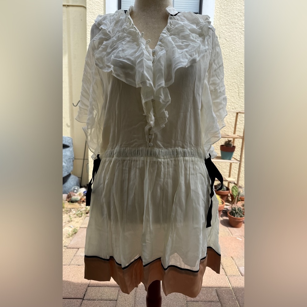 Zara Studio S/S 2023 SS23 White Ruffle Mini Dress Button Ribbon Blouson Chiffon - Picture 1 of 7